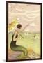 Mermaid with Parasol Waving to Rower-null-Framed Art Print