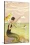 Mermaid with Parasol Waving to Rower-null-Stretched Canvas