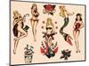 Mermaids and Dancers, Authentic Mid-Century Tattoo Flash by Norman Collins, aka, Sailor Jerry-Piddix-Mounted Art Print