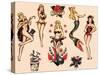 Mermaids and Dancers, Authentic Mid-Century Tattoo Flash by Norman Collins, aka, Sailor Jerry-Piddix-Stretched Canvas