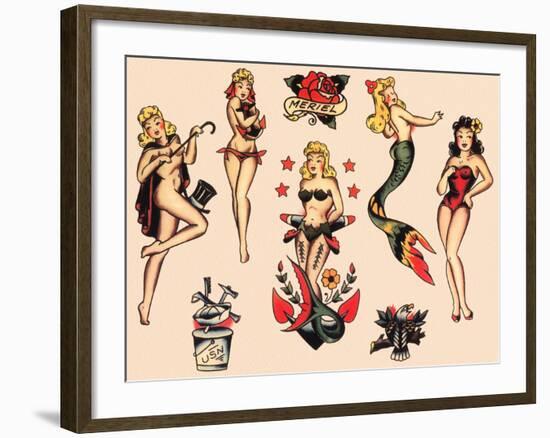 Mermaids and Dancers, Authentic Mid-Century Tattoo Flash by Norman Collins, aka, Sailor Jerry-Piddix-Framed Art Print