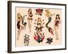 Mermaids and Dancers, Authentic Mid-Century Tattoo Flash by Norman Collins, aka, Sailor Jerry-Piddix-Framed Art Print