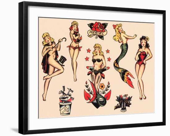 Mermaids and Dancers, Authentic Mid-Century Tattoo Flash by Norman Collins, aka, Sailor Jerry-Piddix-Framed Art Print