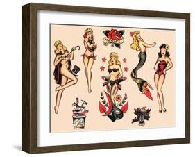 Mermaids and Dancers, Authentic Mid-Century Tattoo Flash by Norman Collins, aka, Sailor Jerry-Piddix-Framed Art Print
