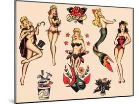 Mermaids and Dancers, Authentic Mid-Century Tattoo Flash by Norman Collins, aka, Sailor Jerry-Piddix-Mounted Art Print