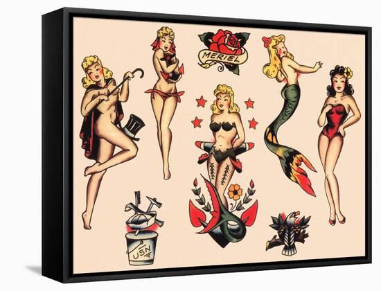 Mermaids and Dancers, Authentic Mid-Century Tattoo Flash by Norman Collins, aka, Sailor Jerry-Piddix-Framed Stretched Canvas