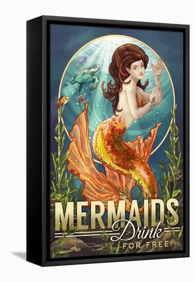 Mermaids Drink for Free-Lantern Press-Framed Stretched Canvas