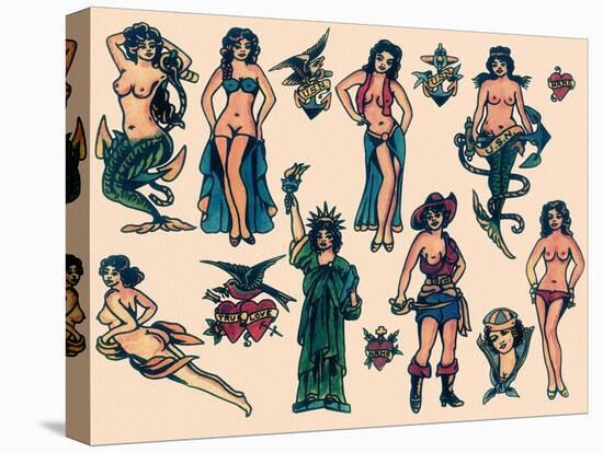 Mermaids & Ladies  Authentic Mid-Century Tattoo Flash-null-Stretched Canvas