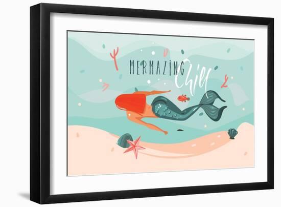 Mermazing Chill - Mermaid Illustration-Helter skelter-Framed Art Print