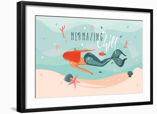 Mermazing Chill - Mermaid Illustration-Helter skelter-Framed Art Print