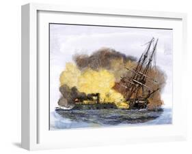 Merrimac, a Confederate Ironclad Ship, Rams the USS Cumberland during the American Civil War-null-Framed Giclee Print