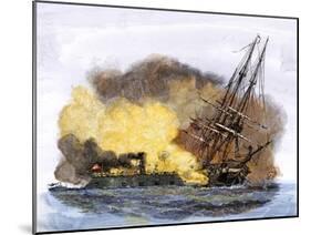 Merrimac, a Confederate Ironclad Ship, Rams the USS Cumberland during the American Civil War-null-Mounted Giclee Print