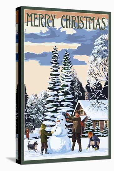 Merry Christman - Snowman Scene-Lantern Press-Stretched Canvas