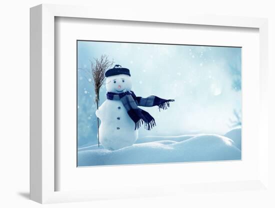 Merry Christmas and Happy New Year Greeting Card with Copy-Space.Happy Snowman Standing in Winter C-lilkar-Framed Photographic Print