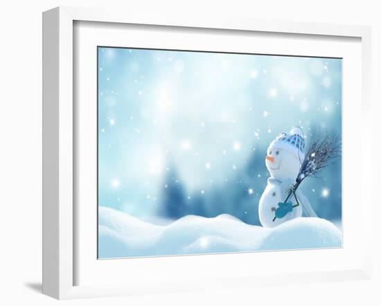 Merry Christmas and Happy New Year Greeting Card with Copy-Space. Happy Snowman with a Broom in Han-lilkar-Framed Photographic Print