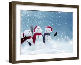 Merry Christmas and Happy New Year Greeting Card with Copy-Space.Many Snowmen Standing in Winter Ch-lilkar-Framed Photographic Print