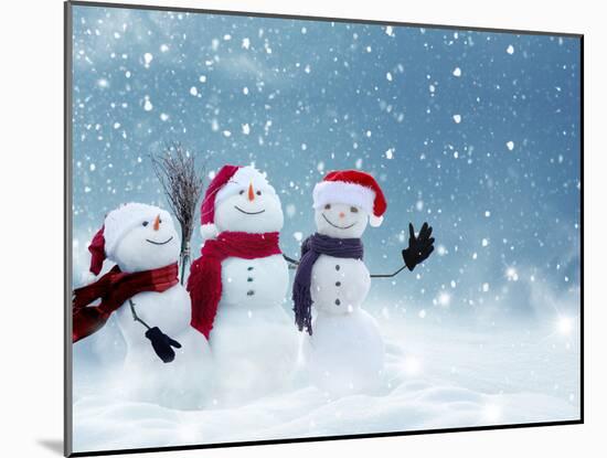 Merry Christmas and Happy New Year Greeting Card with Copy-Space.Many Snowmen Standing in Winter Ch-lilkar-Mounted Photographic Print