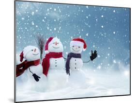 Merry Christmas and Happy New Year Greeting Card with Copy-Space.Many Snowmen Standing in Winter Ch-lilkar-Mounted Photographic Print