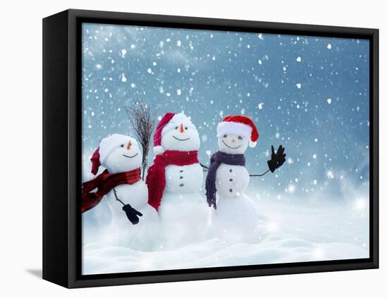 Merry Christmas and Happy New Year Greeting Card with Copy-Space.Many Snowmen Standing in Winter Ch-lilkar-Framed Stretched Canvas