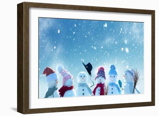 Merry Christmas and Happy New Year Greeting Card with Copy-Space.Many Snowmen Standing in Winter Ch-lilkar-Framed Art Print