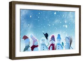 Merry Christmas and Happy New Year Greeting Card with Copy-Space.Many Snowmen Standing in Winter Ch-lilkar-Framed Art Print
