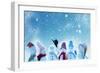 Merry Christmas and Happy New Year Greeting Card with Copy-Space.Many Snowmen Standing in Winter Ch-lilkar-Framed Art Print