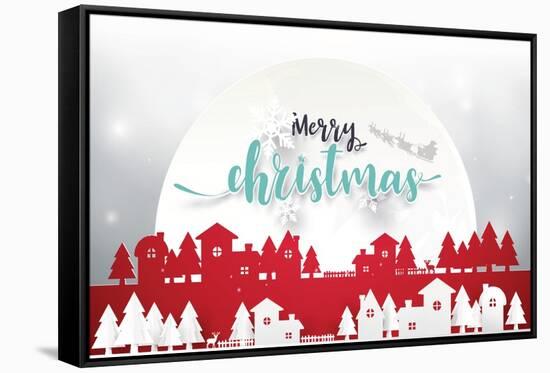 Merry Christmas and Happy New Year. Merry Christmas Lettering with Christmas Trees on Red Backgroun-Piick-Framed Stretched Canvas