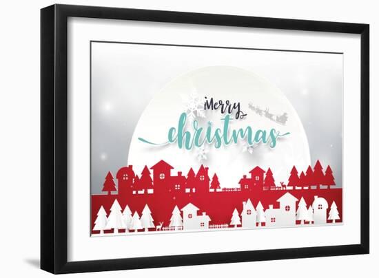 Merry Christmas and Happy New Year. Merry Christmas Lettering with Christmas Trees on Red Backgroun-Piick-Framed Art Print