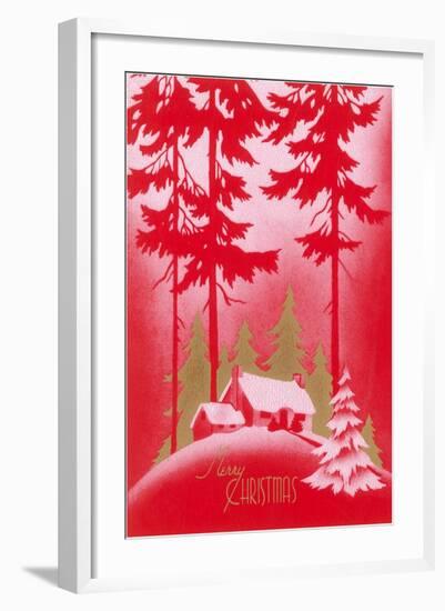 Merry Christmas, Cabin in Tall Pines-null-Framed Art Print