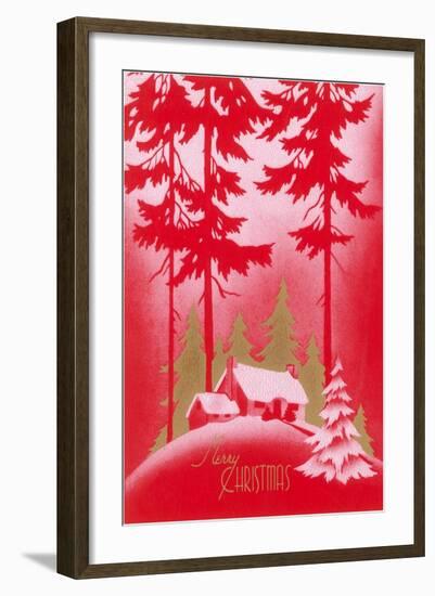 Merry Christmas, Cabin in Tall Pines-null-Framed Art Print