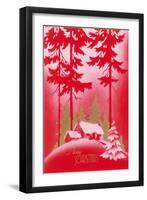 Merry Christmas, Cabin in Tall Pines-null-Framed Art Print