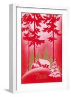 Merry Christmas, Cabin in Tall Pines-null-Framed Art Print