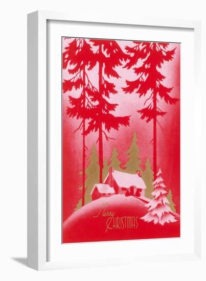 Merry Christmas, Cabin in Tall Pines-null-Framed Art Print