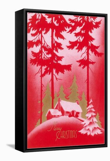Merry Christmas, Cabin in Tall Pines-null-Framed Stretched Canvas