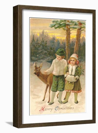 Merry Christmas, Children with Deer-null-Framed Art Print