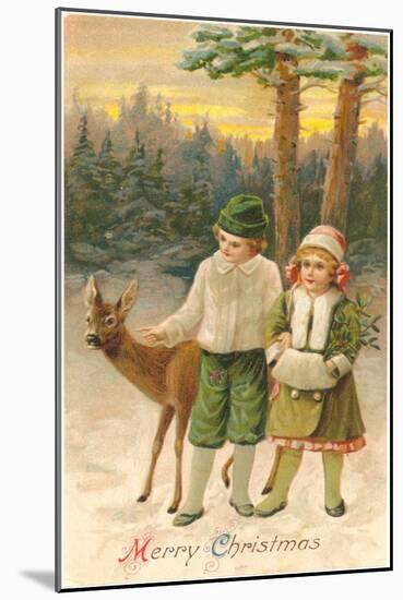 Merry Christmas, Children with Deer-null-Mounted Art Print