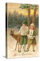 Merry Christmas, Children with Deer-null-Stretched Canvas
