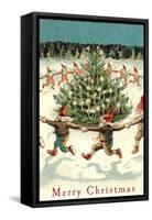 Merry Christmas, Elves Dancing Around Tree-null-Framed Stretched Canvas