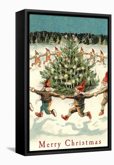 Merry Christmas, Elves Dancing Around Tree-null-Framed Stretched Canvas