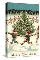 Merry Christmas, Elves Dancing Around Tree-null-Stretched Canvas
