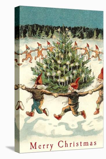 Merry Christmas, Elves Dancing Around Tree-null-Stretched Canvas