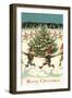 Merry Christmas, Elves Dancing Around Tree-null-Framed Art Print