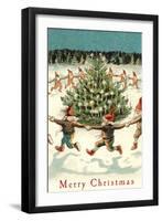 Merry Christmas, Elves Dancing Around Tree-null-Framed Art Print