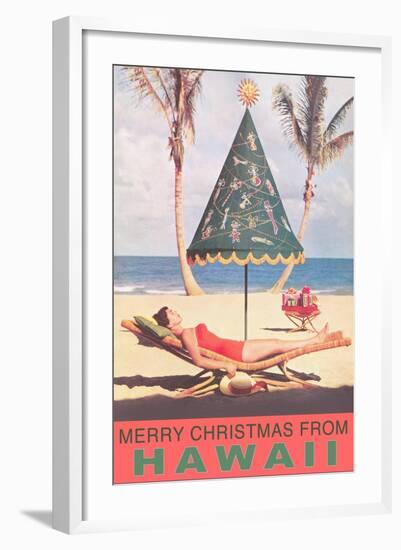 Merry Christmas from Hawaii, Conical Umbrella on Beach-null-Framed Art Print