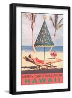 Merry Christmas from Hawaii, Conical Umbrella on Beach-null-Framed Art Print