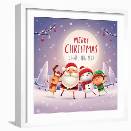Merry Christmas! Happy Christmas Companions in the Moonlight. Santa Claus, Snowman, Reindeer and El-ori-artiste-Framed Art Print