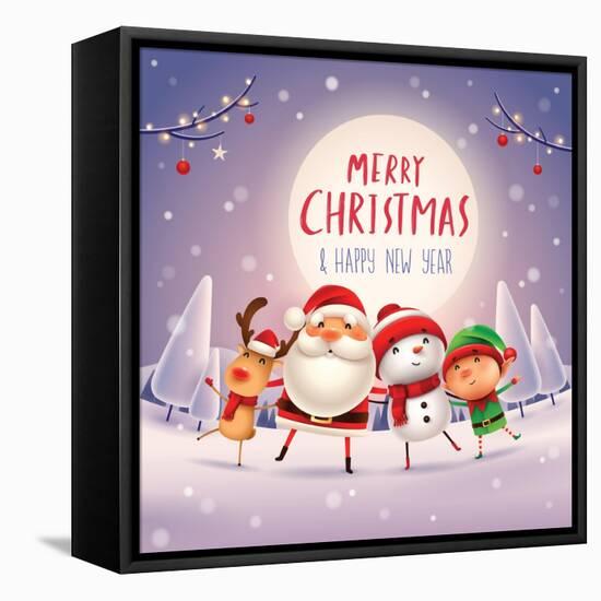 Merry Christmas! Happy Christmas Companions in the Moonlight. Santa Claus, Snowman, Reindeer and El-ori-artiste-Framed Stretched Canvas