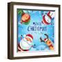 Merry Christmas! Happy Christmas Companions. Santa Claus, Snowman, Reindeer and Elf in Christmas Sn-ori-artiste-Framed Art Print