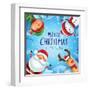 Merry Christmas! Happy Christmas Companions. Santa Claus, Snowman, Reindeer and Elf in Christmas Sn-ori-artiste-Framed Art Print