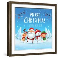 Merry Christmas! Happy Christmas Companions. Santa Claus, Snowman, Reindeer and Elf in Christmas Sn-ori-artiste-Framed Art Print